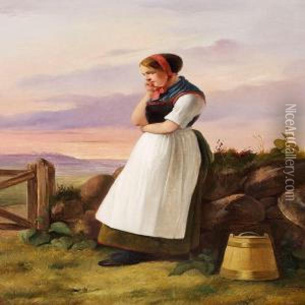 A Peasant Girl Is Resting Against A Drystone Wall Oil Painting - Christian Andreas Schleisner