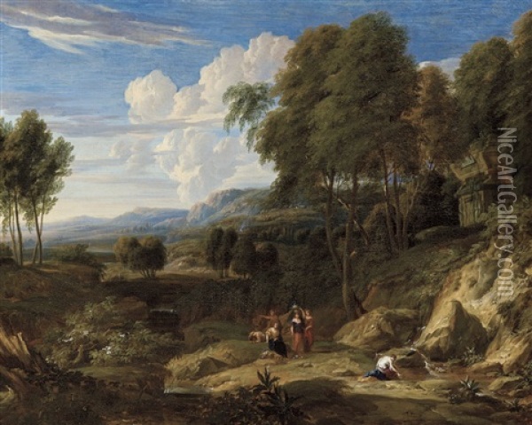 Paysage Avec Figures Pres D'une Source Et Un Monument Classique Oil Painting - Jan Baptiste Huysmans
