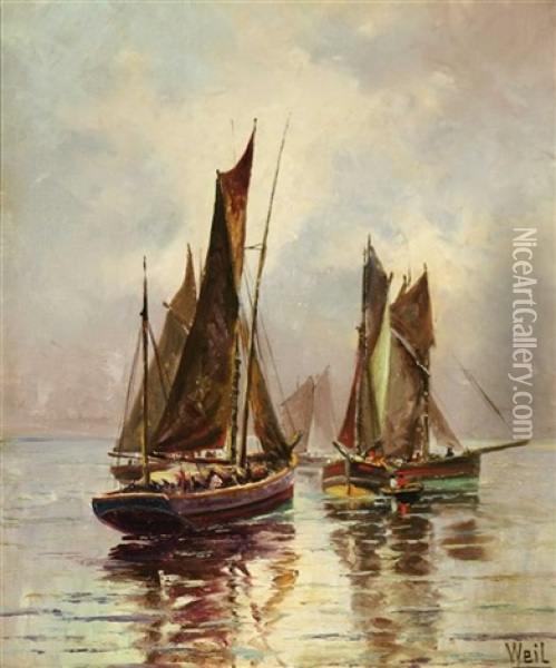 Boats In A Calm Sea Oil Painting - Otto Weil