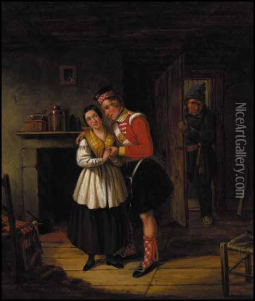 Officer Courting Girl Oil Painting - Cornelius Krieghoff