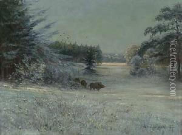 Rotte Wildsauen In Winterlandschaft Oil Painting - Joseph Friedrich N. Heydendahl