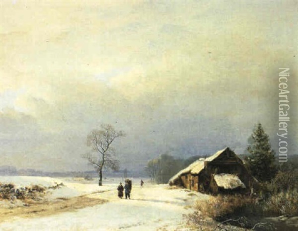 A Snow Landscape With Figures On A Path Near A Farm Oil Painting - Barend Cornelis Koekkoek