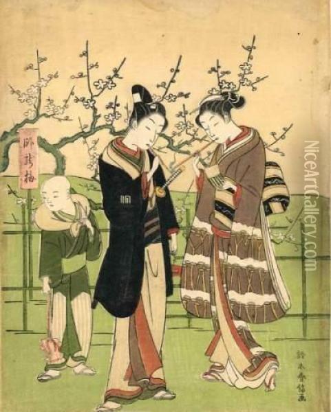 Jeune Femme Allumant Sa Pipe A La Pipe D'un Samourai Oil Painting - Suzuki Harunobu