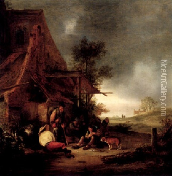 Peasants Resting And Smoking By An Inn, A Goat And A Dog Nearby, A Landscape At Dusk In The Distance Oil Painting - Isaac Van Ostade