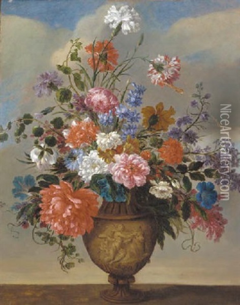 Carnations, Morning Glory, Foxglove, Peonies And Other Flowers In An Urn On A Ledge Oil Painting - Jean-Baptiste Belin de Fontenay the Elder