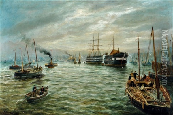 North Shields Harbour With Fishing Boats Oil Painting - Bernar Benedict Henry