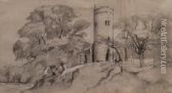 A Saxon Round Tower Church Oil Painting - Anthony Sandys