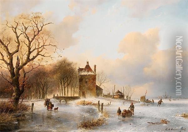 Figures On A Frozen River Oil Painting - Petrus Marius Brouwer