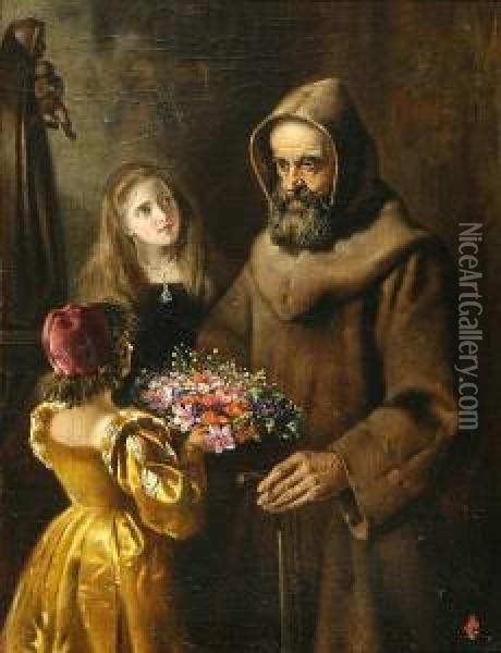 A Monk Being Presented With A Basket Of Flowers By Two Young Girls Oil Painting - George Bernard O'Neill