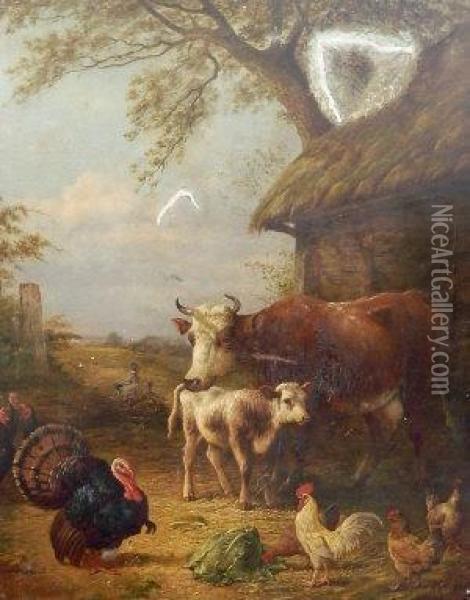A Cow With A Calf, A Turkey, Chickens And Ducks In A Farmyard Oil Painting - Henry Bryant