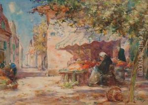 A French Market Stall Under The Shade Of A Tree Oil Painting - Thomas William Morley
