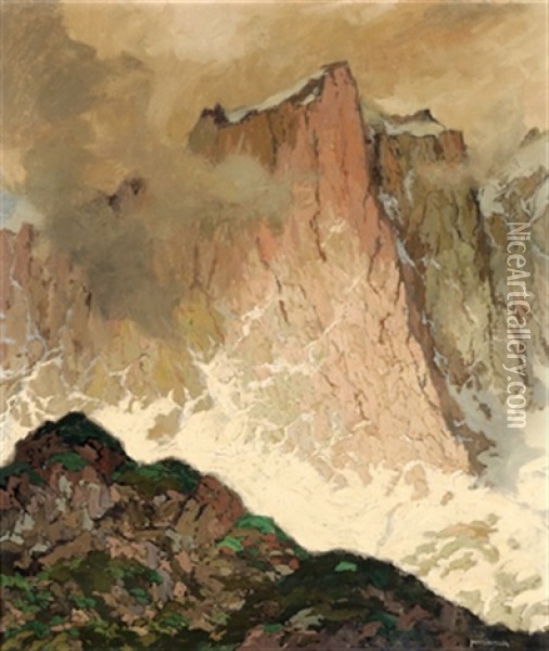 Berggipfel (dolomiten?) Mit Voruberziehenden Nebelschwaden Oil Painting - Hugo Hodiener (Hodina)
