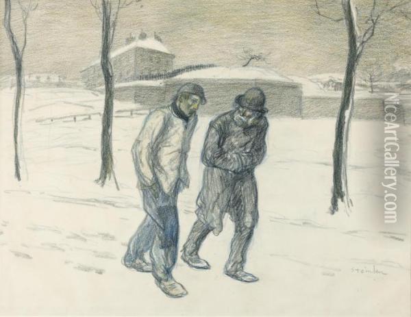 Deux Vagabonds Marchand Dans La Neige Oil Painting - Theophile Alexandre Steinlen