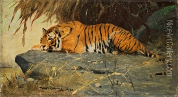 Auf Felsplateau Liegender Tiger Oil Painting - Wilhelm Friedrich Kuhnert
