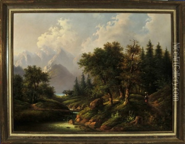 Idyllische Waldlandschaft Am Fluss Mit Blick Auf Das Dachsteingebirge Im Hintergrund Oil Painting - Edouard Boehm