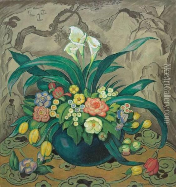 Blumenstilleben Mit Blauer Vase Oil Painting - Emil Orlik
