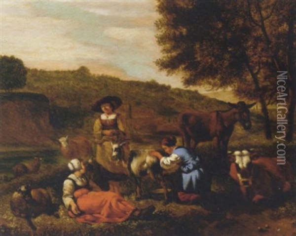 Shepherdesses And Their Herd In A Wooded River Landscape Oil Painting - Gerrit Adriaensz Berckheyde