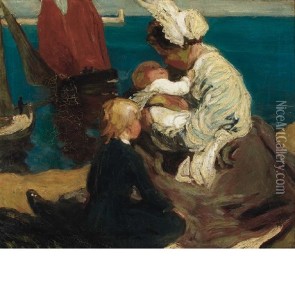 Mother And Child By The Seaside Oil Painting - Max Bohm