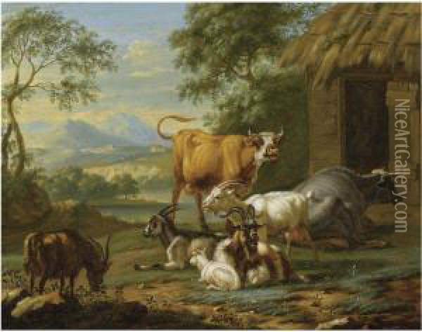 Goats And Cows In A Southern Landscape Oil Painting - Jan van Gool