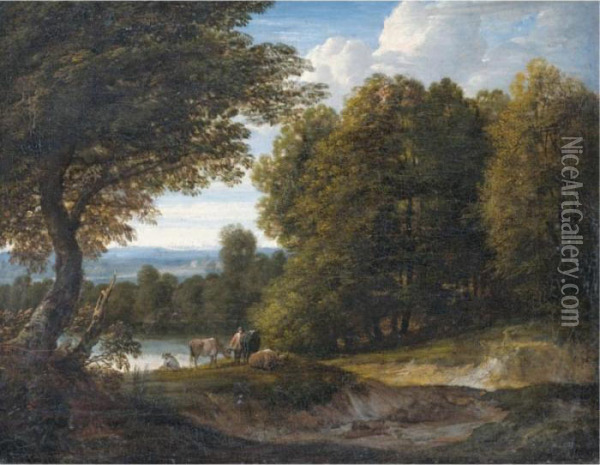 A Wooded River Landscape With Cattle And Two Figures Oil Painting - Jacques D Arthois