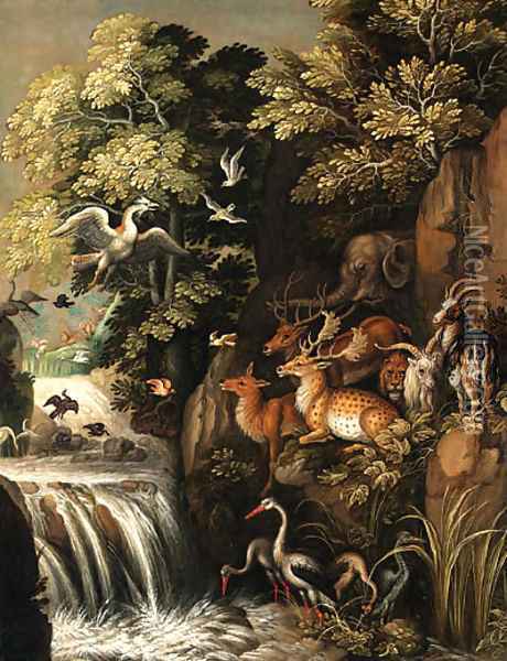 Deer, goats, an elephant and other animals by a waterfall Oil Painting - Roelant Savery