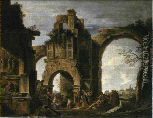 A Capriccio Of Classical Ruins With The Raising Of Lazarus Oil Painting - Giovanni Ghisolfi