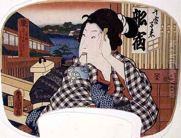Summer the river at Ryoguku A geisha combing her hair design for a fan from a set of four illustrating the seasons Oil Painting - Utagawa or Ando Hiroshige
