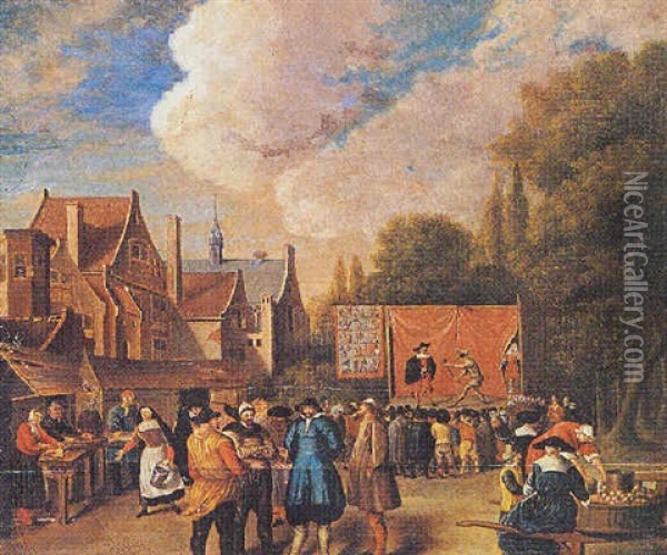A Market Scene In A Town With A Street Theatre Oil Painting - Pieter de Bloot