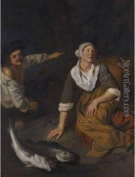 A Fishwife And Boy With Their Catch Oil Painting - Jan Van Pee