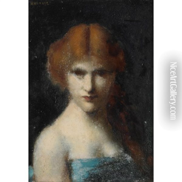 Woman With Red Hair Tied Back Wearing A Blue Dress Oil Painting - Jean Jacques Henner