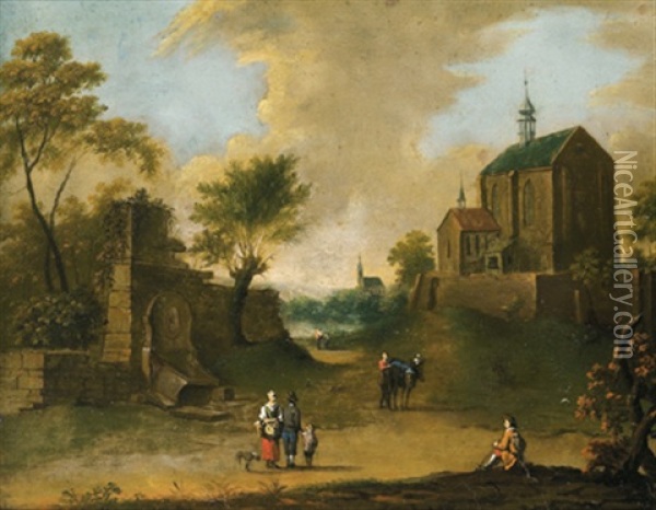 Landschaft Mit Einem Steinernen Brunnen, Einer Kirche Und Figuren Oil Painting - Norbert Joseph Carl Grund