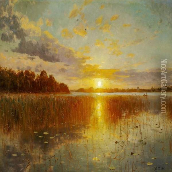 Sunset Over A Danish Fiord Oil Painting - Peder Mork Monsted