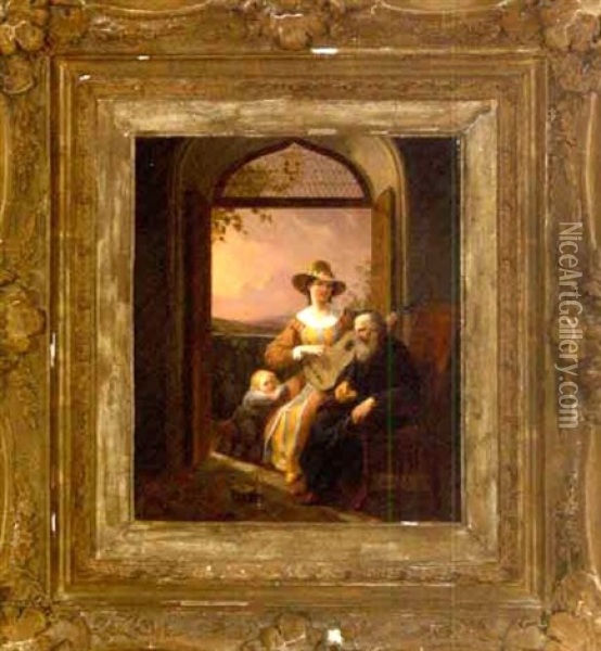 Sunset Serenade, Three Figures In An Interior Oil Painting - Constantinus-Fidelio Coene