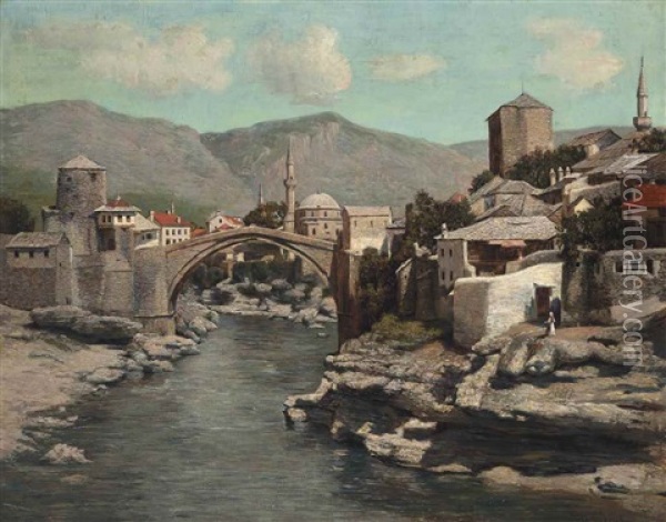 The Old Bridge In Mostar, Bosnia And Herzegovina Oil Painting - Spiro Bocaric