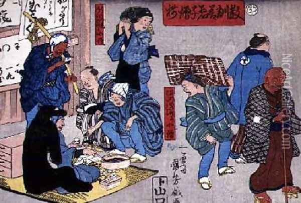 Moral teaching for shopboys giving good and bad examples of behaviour 10 Oil Painting - Utagawa Kuniyoshi