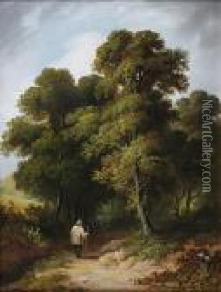 Traveller On A Country Lane Oil Painting - Thomas Baker Of Leamington