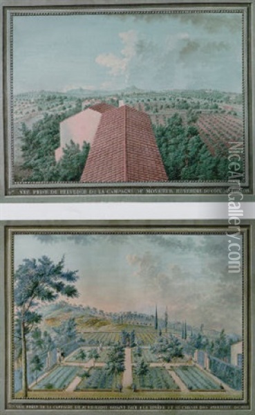The Roofs Of A Villa Overlooking Orchards And Vineyards, Hills In The Distance Oil Painting - Zacharie-Felix Doumet