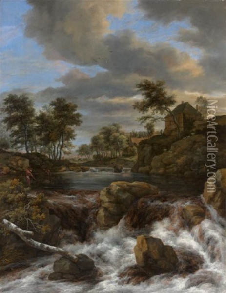 Chute D'eau Dans Un Paysage Avec Deux Pecheurs Oil Painting - Jacob Van Ruisdael