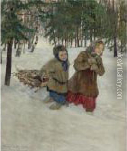 Trudging The Logs In Winter Snow Oil Painting - Nikolai Petrovich Bogdanov-Belsky