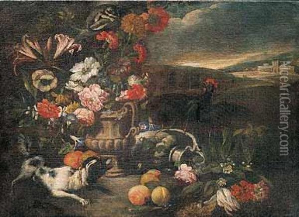 Bodegon De Flores Y Frutas Con Un Perro, Un Huron Y Un Gallo En Un Paisaje Oil Painting - Nicola Cassisa