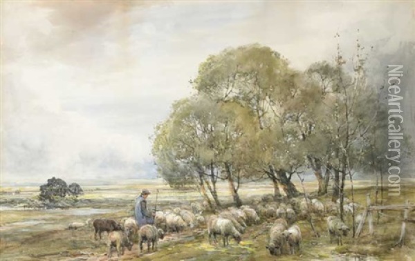 Pastoral Landscape With Shepherd And Flock Oil Painting - Claude Hayes