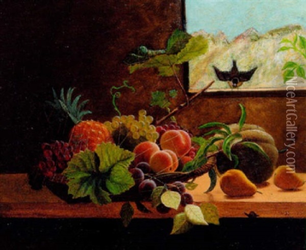Kurv Med Ananas, Druer Og Blommer Pa En Karm Oil Painting - William Hammer