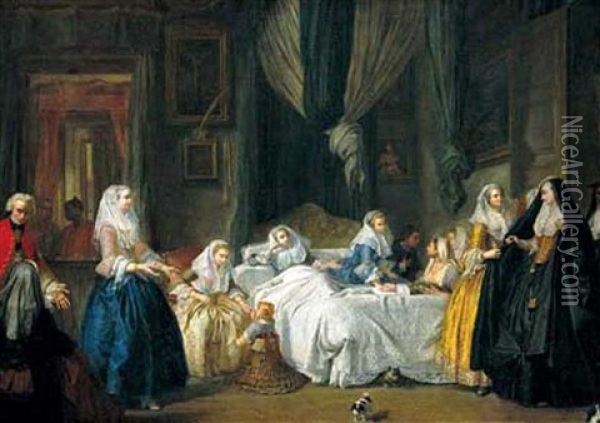 La Visite De Dames Maltaises A L'accouchee, Madame Loth Oil Painting - Antoine de Favray