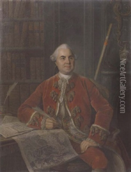 Portrait Of Chevalier Jacques D'heusy D'agimont, The Prince-bishop Of Liege's, Seated In His Study With The Plans For The Traite Des Limites Of 1772 Oil Painting - Louis Michel van Loo