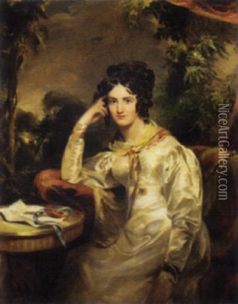 Portrait Of A Lady In A White Dress, A Miniature And Letter On A Table By Her Side, In A Landscape Oil Painting - George Hayter