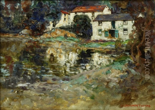 Cottages By A River Oil Painting - Grosvenor Thomas
