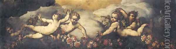 Putti playing with garlands of flowers Oil Painting - Neapolitan School