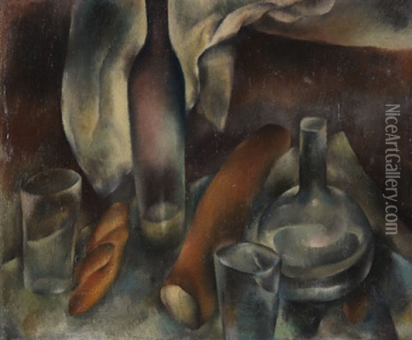 Stillleben Mit Flaschen Und Baguettes (+ Komposition, Verso) Oil Painting - Hanns Bolz