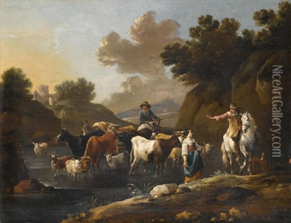 A Pastoral Landscape With Horses, Sheep And Cattle In A Stream Oil Painting - Simon Johannes van Douw