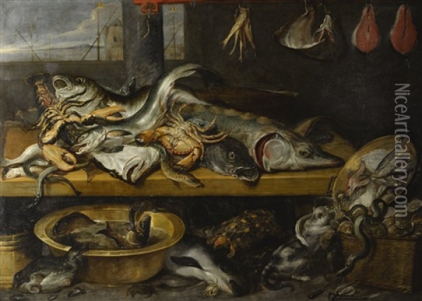 A Fish Stall With A Huge Variety Of Fish And Crustaceans, Including Sturgeon, Eels And Lobsters, Together With A Tortoise Oil Painting - Frans Snyders